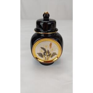 The Art of Chokin Flower/Floral Japanese Ginger Jar With Cover 24Kt Gold 4.5"